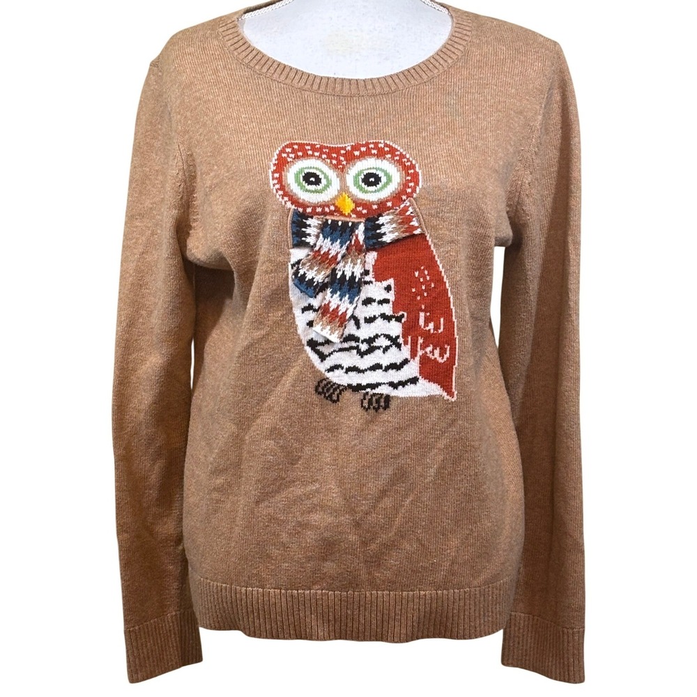 Talbots Owl Knit Sweater Tan, large, novelty, whimsical, woodland, preppy